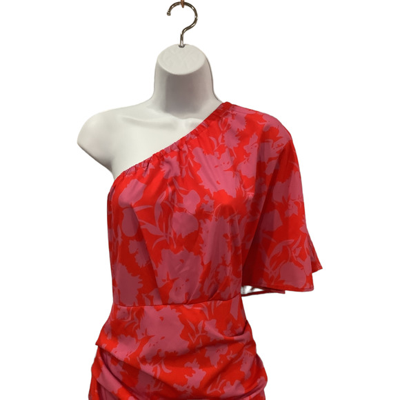 One-Shoulder Red Floral Midi Dress - Picture 3 of 4